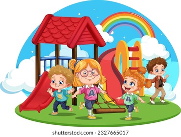 Niños con diferentes carreras jugando en la ilustración de la diapositiva del patio de recreo