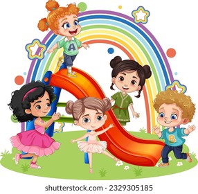 Children with different race playing at the playground slide illustration