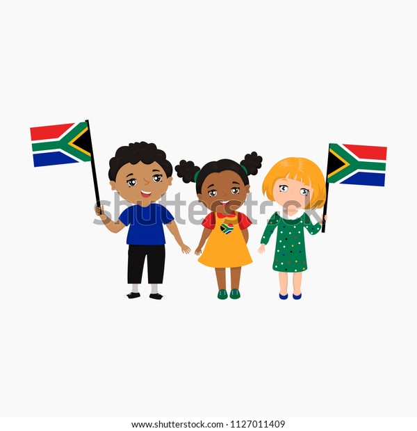 Children Different Races Different Hairstyles Flags Stock Vector