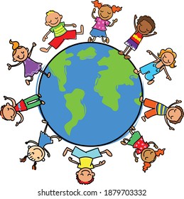 Children of different races holding for hands around planet vect stock illustration image