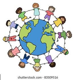 children of different races holding for hands around planet vector