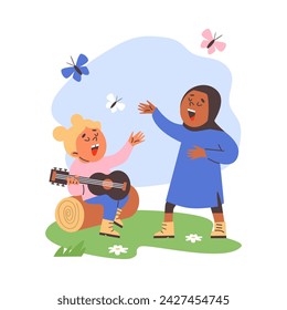 Children of different races sing with a guitar at a summer camp. Flat character illustration, camping adventure. Summer outdoor recreation concept.