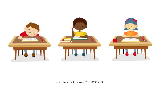 Children of different races sitting at school desks. Isolated on white. Diversity concept. 