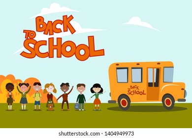 children of different races are standing alongside the school bus