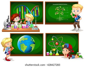 Children and different school subjects illustration