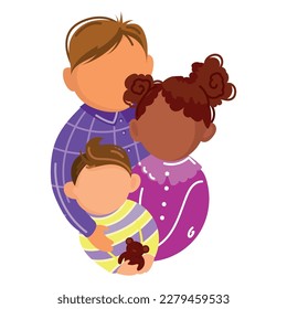 Children of different skin colors and nationality hugging each other vector illustration. Happy multiracial diverse Kids Girls And Boys Group.