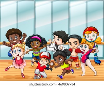 Children in different sport costumes illustration