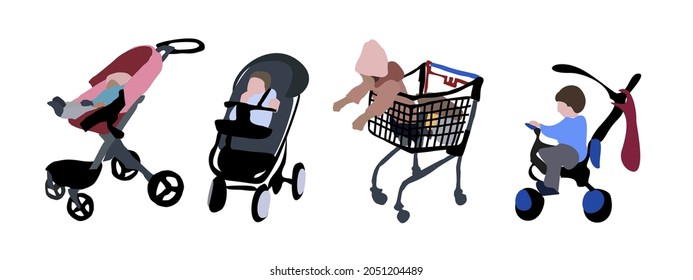 Children in different vehicles: stroller, bicycle, trolley. Flat image of boy and girl. City infographics