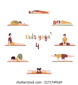 Children in different yoga poses on mat. Kids yoga lettering. Vector illustration in flat style isolated on white background. 4 of 4