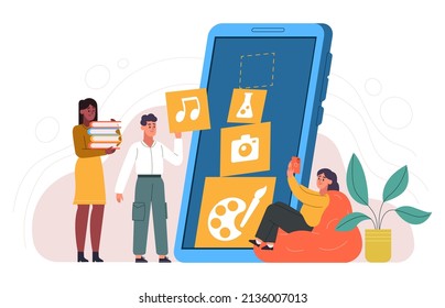 Children digital content, education and friendly entertainment concept. Friendly digital kids education content vector illustration. Kid study using laptop. Information learning school