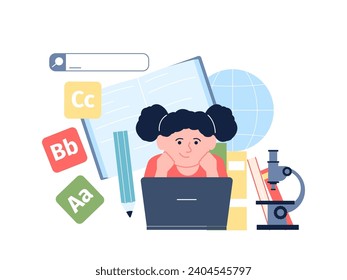Children digital content. Little girl studies in internet. Safe online lessons, cartoons and films for kids. Toddlers safety, recent vector scene