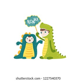 Children in dinosaur costumes. Sweetheart Vector Illustration