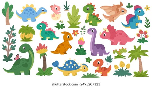 Children dinosaurs set. Collection of cute cartoon dinosaurs and prehistoric plants. White background,