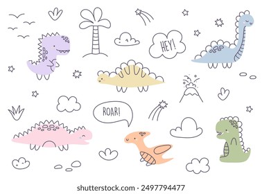 Children dinosaurs set. Cute dinosaurs, palm trees and plants. Childish prehistoric dino paleontology. Friendly fantasy creatures among palm trees. Vector illustration in doodle style