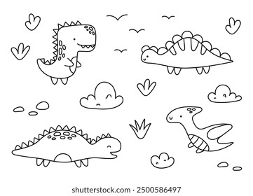 Children dinosaurs set. Dino doodle characters, children jurassic park animals in doodle style. Funny Kids Drawings. Prehistoric monsters and plants vector set