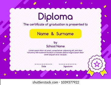 Children Diploma Or Certificate Design Template On Purple Background. Lovely Graphic Coupon For Kids Graduation.
