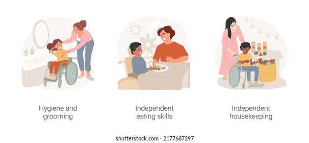 Children With Disabilities Self-care Skills Isolated Cartoon Vector Illustration Set. Hygiene And Grooming, Independent Eating Skills, Independent Housekeeping, Inclusive Daycare Vector Cartoon.