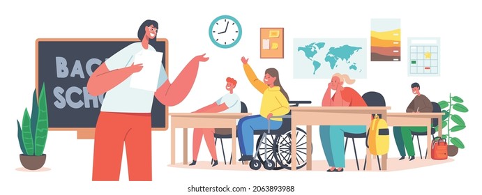 Children with Disabilities Studying in School, Handicapped Education. Kids Characters on Lesson with Teacher in Classroom. Disabled Girl Sit in Wheelchair at Class. Cartoon People Vector Illustration