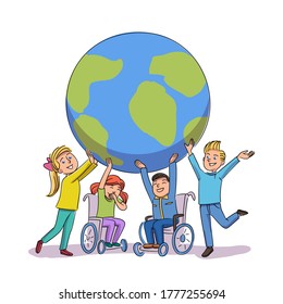 Children disability awareness day. Happy vector disabled kid witting in wheelchair and healthy toddler standing together holding earth planet metaphor. Support and help, international communication