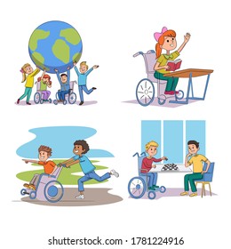 Children with disability awareness. Handicapped boy and girl daily routine scene set. Vector kid communicating, having fun in yard, studying at school, playing chess. Toddler holding earth planet