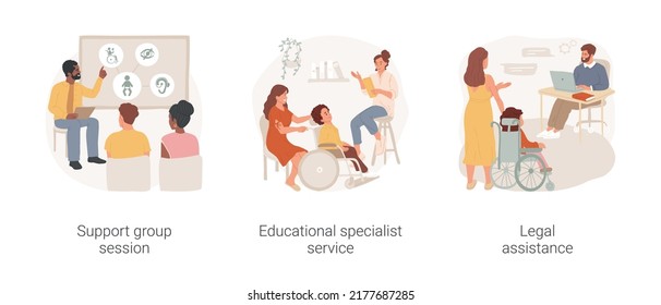 Children with disability parents training isolated cartoon vector illustration set. Support group session, educational specialist service, legal assistance, kids with special needs vector cartoon.