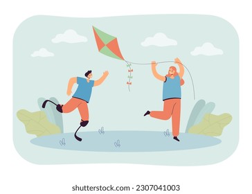 Children with disability playing outside vector illustration. Young man with prosthetic legs running after girl with flying kite. Diversity, inclusion, community, summer concept