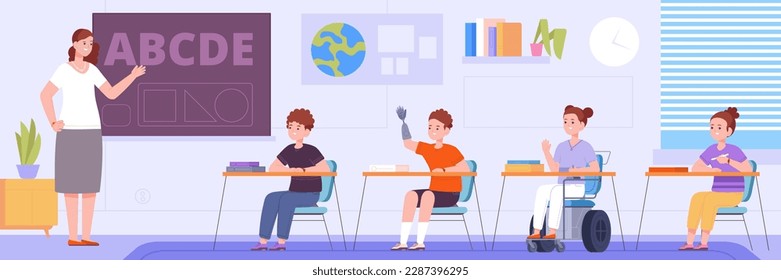Children with disability school. Teacher learning to preschoolers or pupil kids on wheelchair in classroom, inclusive equality student education, vector illustration of school teacher education