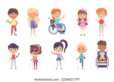 Children with disability set vector illustration. Cartoon isolated diversity group of disabled girl and boy sitting in wheelchair, cute child with prosthetic arm or leg, blind and deaf young patients