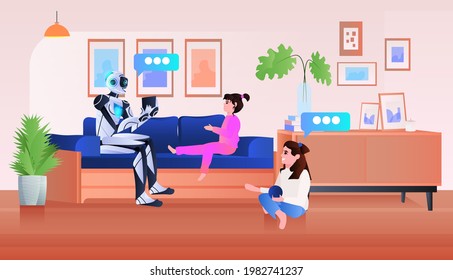 niños discutiendo con robots domésticos el concepto de tecnología de inteligencia artificial sala de estar interior