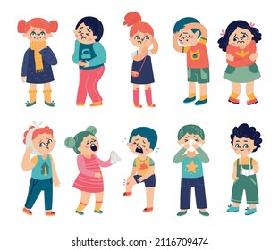 Children Disease Set With Boys And Girls Having Stomachache Toothache Broken Arm Suffering From Flu Symptoms Isolated Vector Illustration