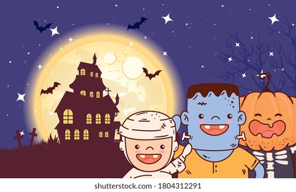 children disguised for happy halloween celebration with house haunted vector illustration design