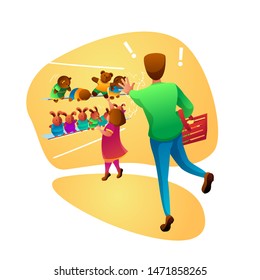Children disobedience flat vector illustration. Alarmed father and naughty daughter cartoon characters. Man with toddler, family in toy store. Little kid takes plush teddy bear from supermarket shelf