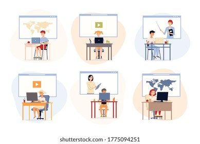 Children distance computer lessons and courses scenes set with cartoon characters of kids studying online, flat vector illustration isolated on white background.
