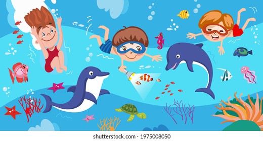 Children dive and swim with marine life. Full color banner, modern cartoon style. Vector illustration. Seamless panorama. Isolated on white background