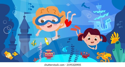 Children dive and swim with sea creatures underwater. Sea castle, sunken ship and treasure. Full color banner, modern cartoon style scene. Vector illustration. 