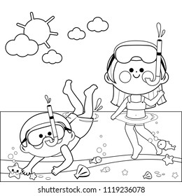 Children with diving masks swimming in the sea. Vector black and white coloring page.