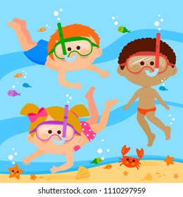 Children With Diving Masks Swimming Under The Sea. Vector Illustration