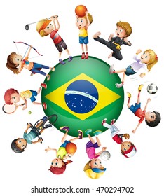 Children do different sports and Brazil flag illustration