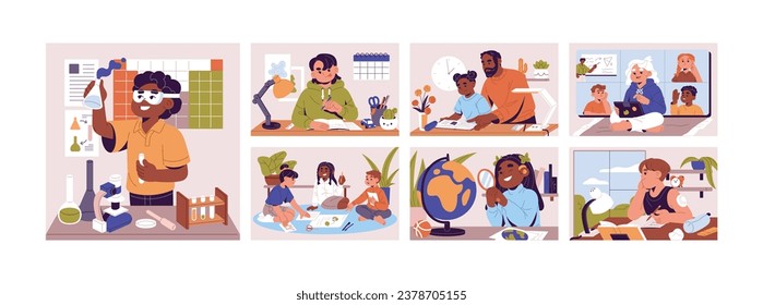 Children do homework set. Kid team work on school project. Pupils study, learning by video call. Boy do science experiment. Girl research globe by magnifier. Online education. Flat vector illustration