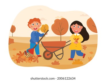Children do housework concept. A girl and a boy are raking autumn leaves into a cart. Little helpers do cleaning in the garden. Cartoon modern flat vector illustration isolated on a white background