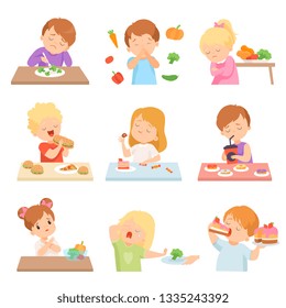 Children Do Not Like Vegetables Set, Kids Enjoying Eating of Fast Food and Sweets Vector Illustration