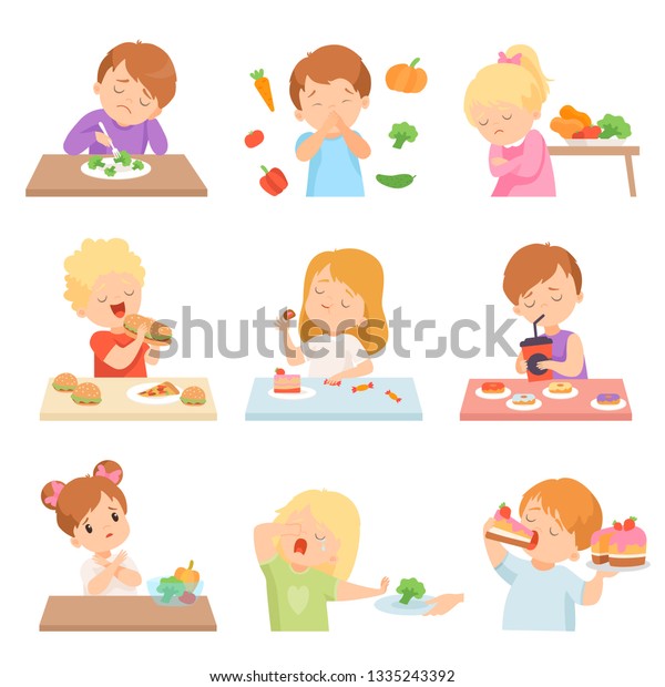 子どもは野菜セットが嫌い 子どもはファストフードやお菓子を食べるのが楽しみ ベクターイラスト のベクター画像素材 ロイヤリティフリー