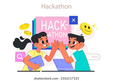 Children do programming. Computer science, AI, VR technologies and robotics educational course. Children working in team on hackathon competition. Flat vector illustration