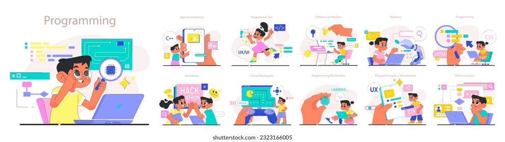 Children do programming set. Computer science, AI, game technologies and robotics for kids. Web, apps and software development practice. Flat vector illustration