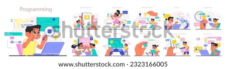 Children do programming set. Computer science, AI, game technologies and robotics for kids. Web, apps and software development practice. Flat vector illustration