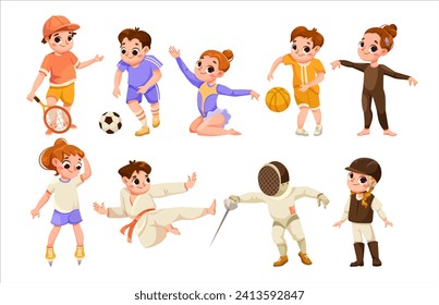 Children Do Sport and Physical Body Training Vector Set