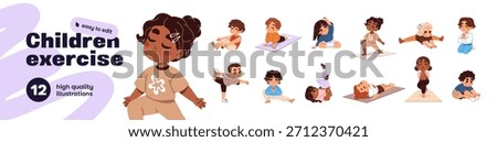 Children do sports exercises set. Happy kids are training, stretching and practicing yoga. Cute little boys and girls do child workout on mats. Flat isolated vector illustrations on white background