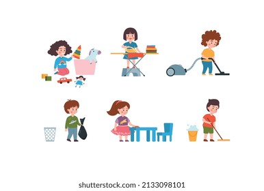 Los niños hacen varias tareas alrededor de la casa y ayudan a sus padres a mantener la casa limpia, ilustración vectorial plana aislada de fondo blanco.