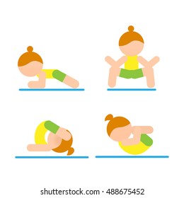 Children do yoga. Set of asanas. Bright flat characters