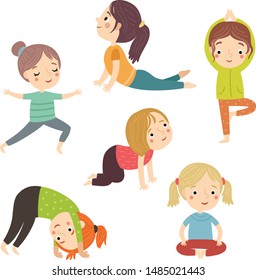 Children Do Yoga. Vector Character Set
